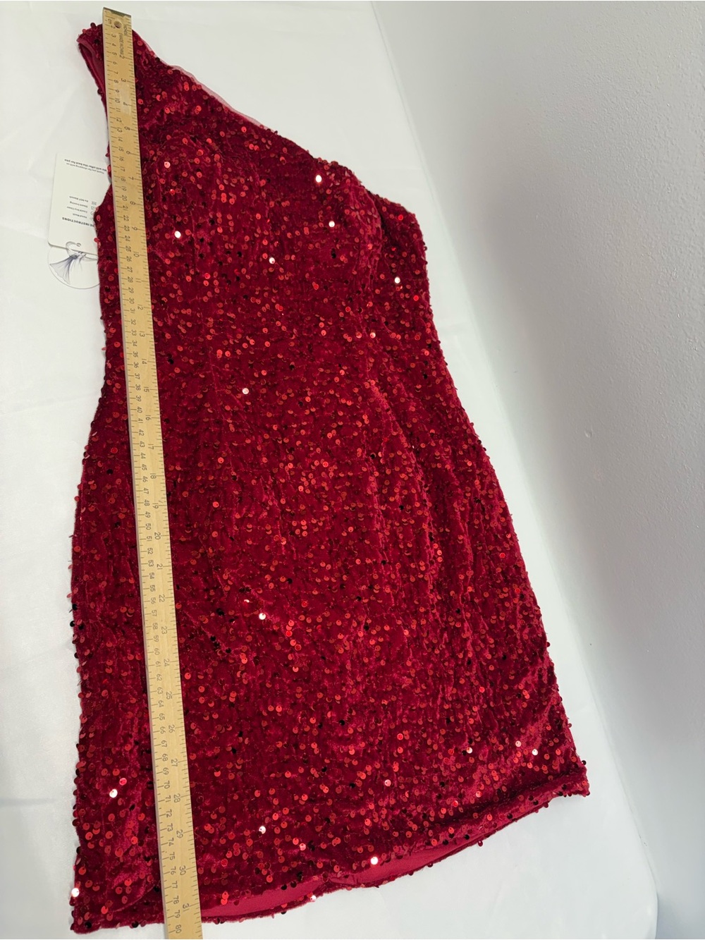 Red One-Shoulder Sequin Party mini Dress size 4 (small)asymmetrical straps new - Picture 5 of 9